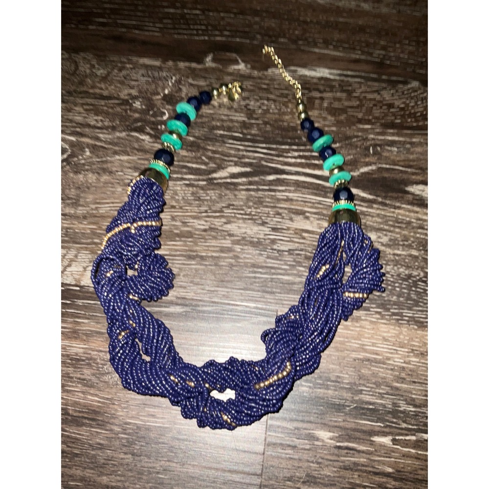 Statement Necklace Braided Seed Bead Bib Faux Turquoise Gold-Tone Accent